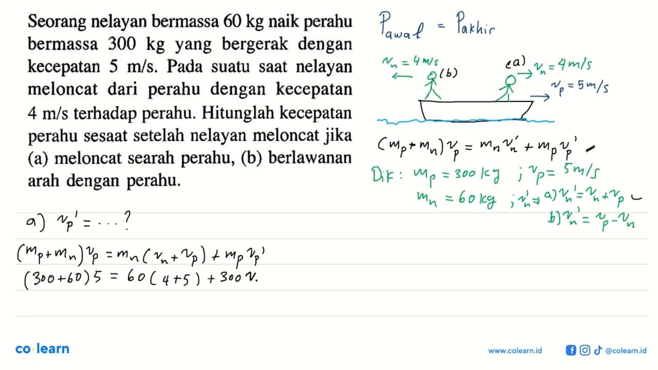 Seorang nelayan bermassa 60 kg naik perahu bermassa 300 kg