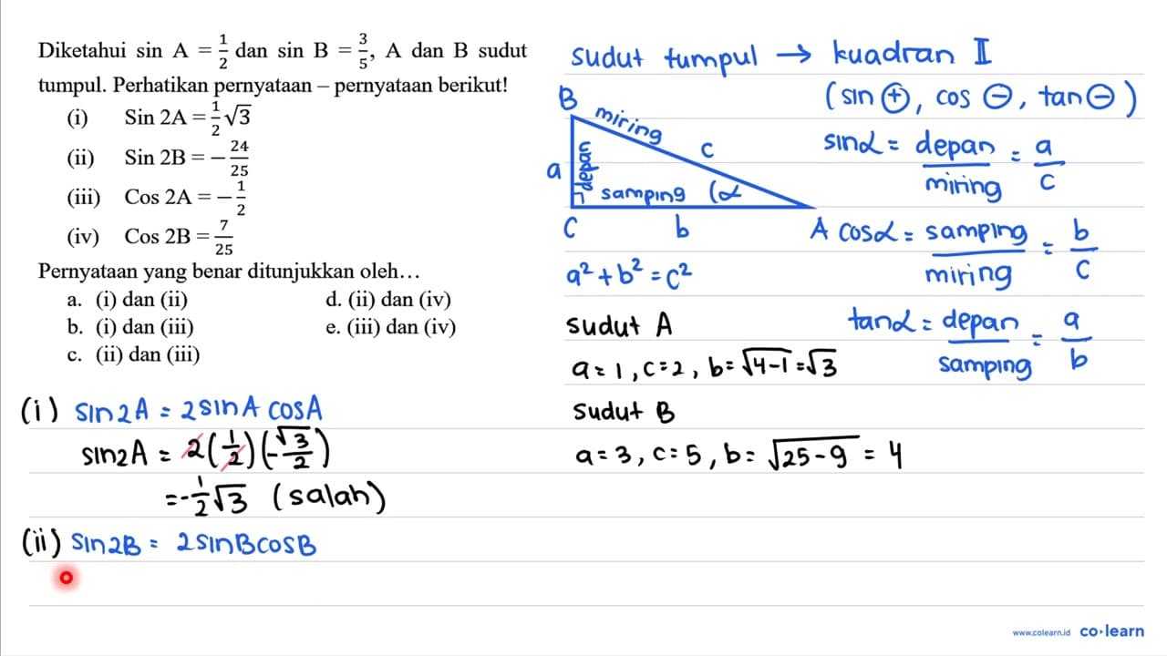 Diketahui sin A=(1)/(2) dan sin B=(3)/(5), A dan B sudut