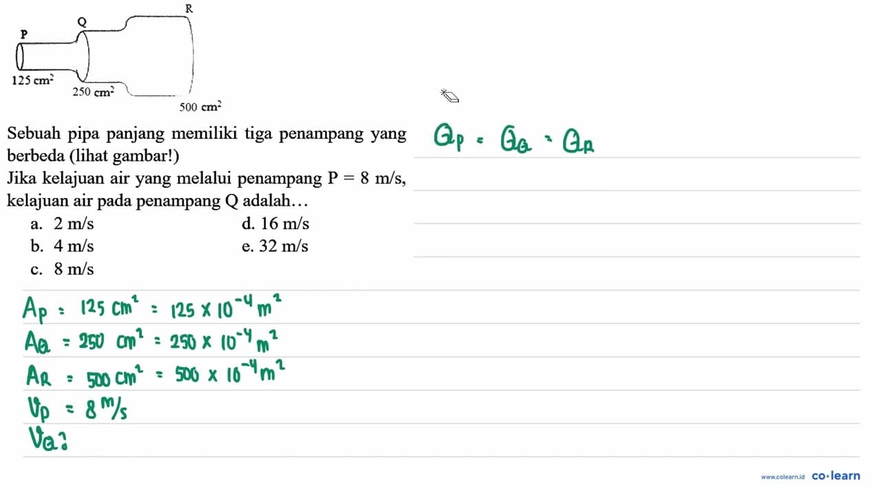 P Q R 125 cm^2 250 cm^2 500 cm^2 Sebuah pipa panjang