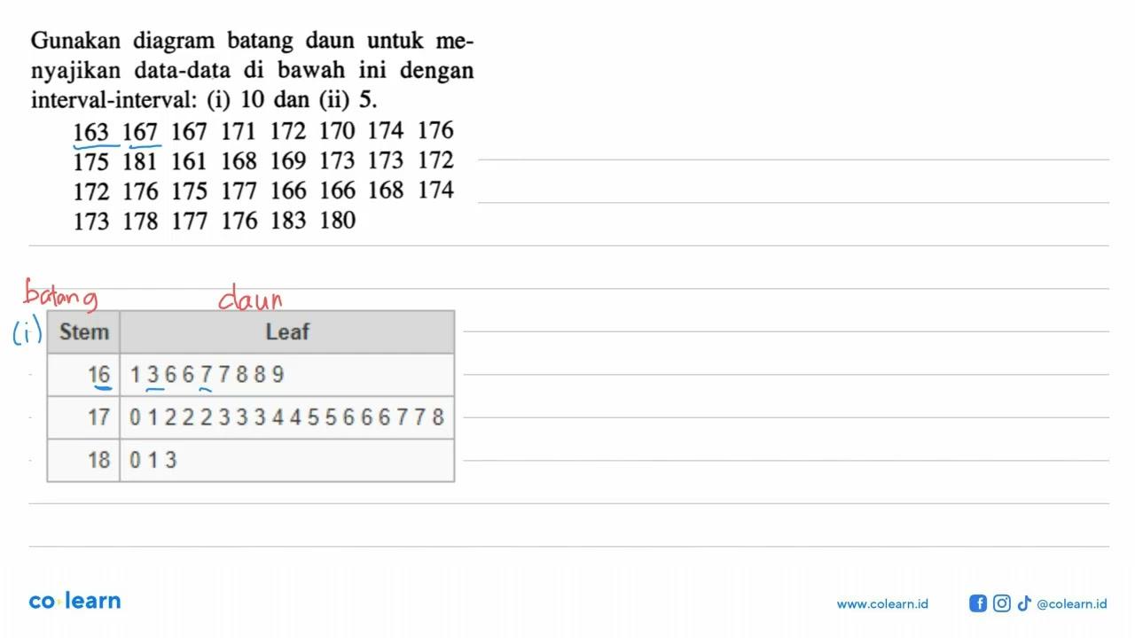 Gunakan diagram batang daun untuk menyajikan data-data di