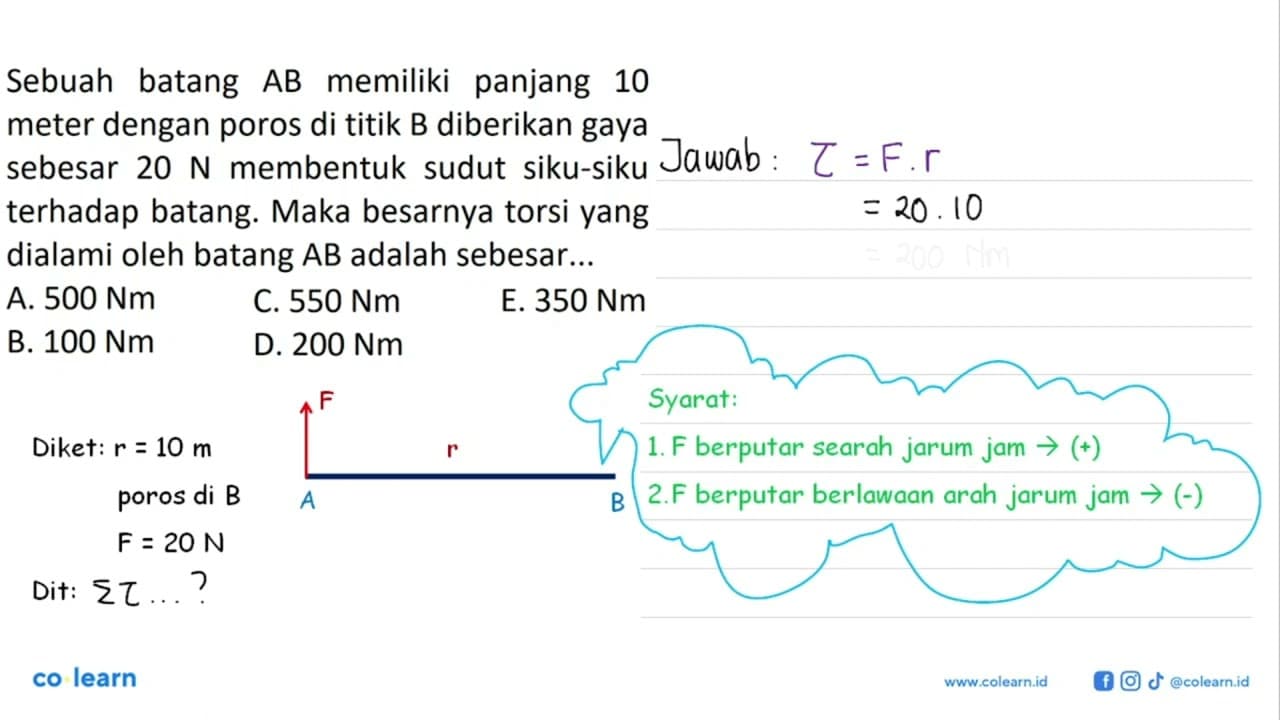 Sebuah batang AB memiliki panjang 10 meter dengan poros di