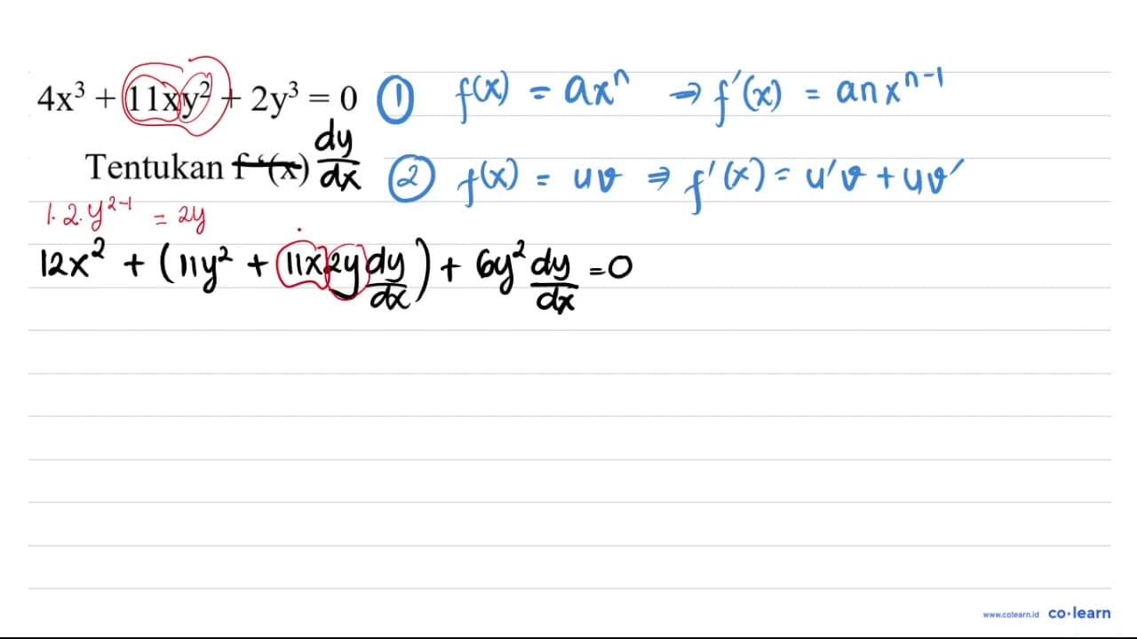 4 x^(3)+11 x y^(2)+2 y^(3)=0 Tentukan f'( (x)