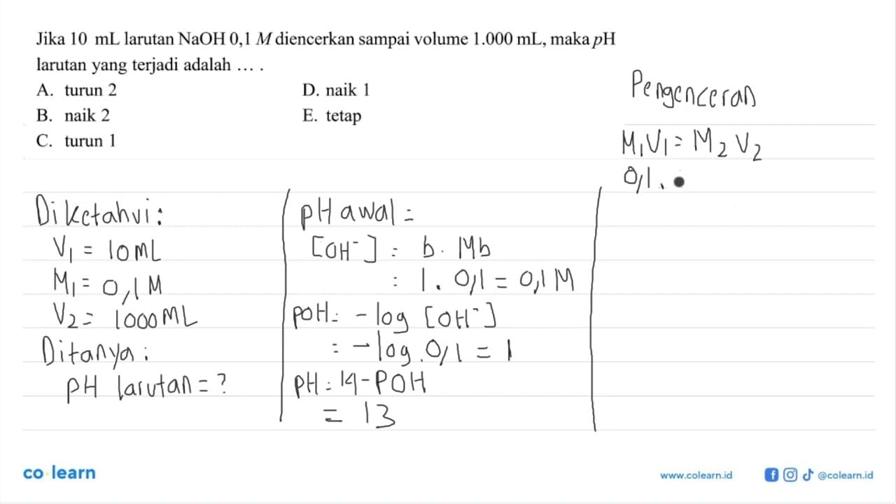 Jika 10 mL larutan NaOH 0,1 M diencerkan sampai volume