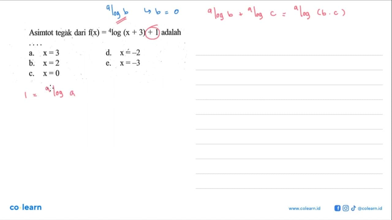 Asimtot tegak dari f(x)=4log(x+3)+1 adalah ...