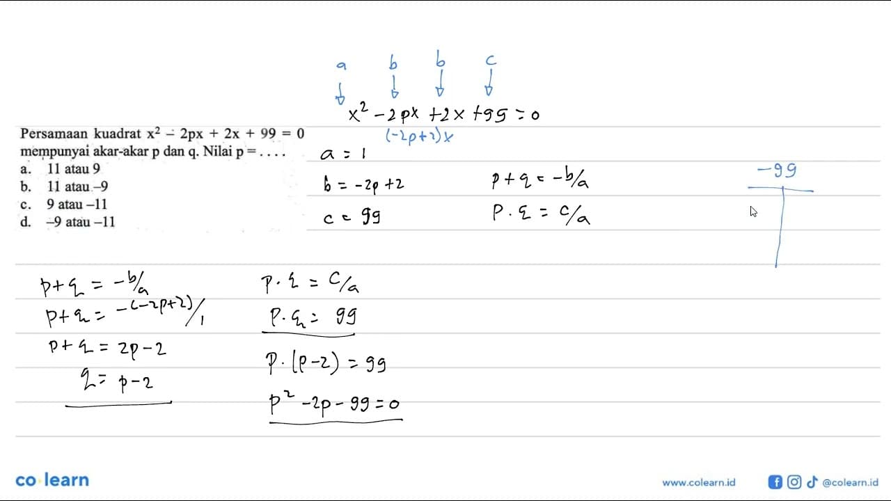 Persamaan kuadrat x^2 - 2px + 2x + 99 = 0 mempunyai