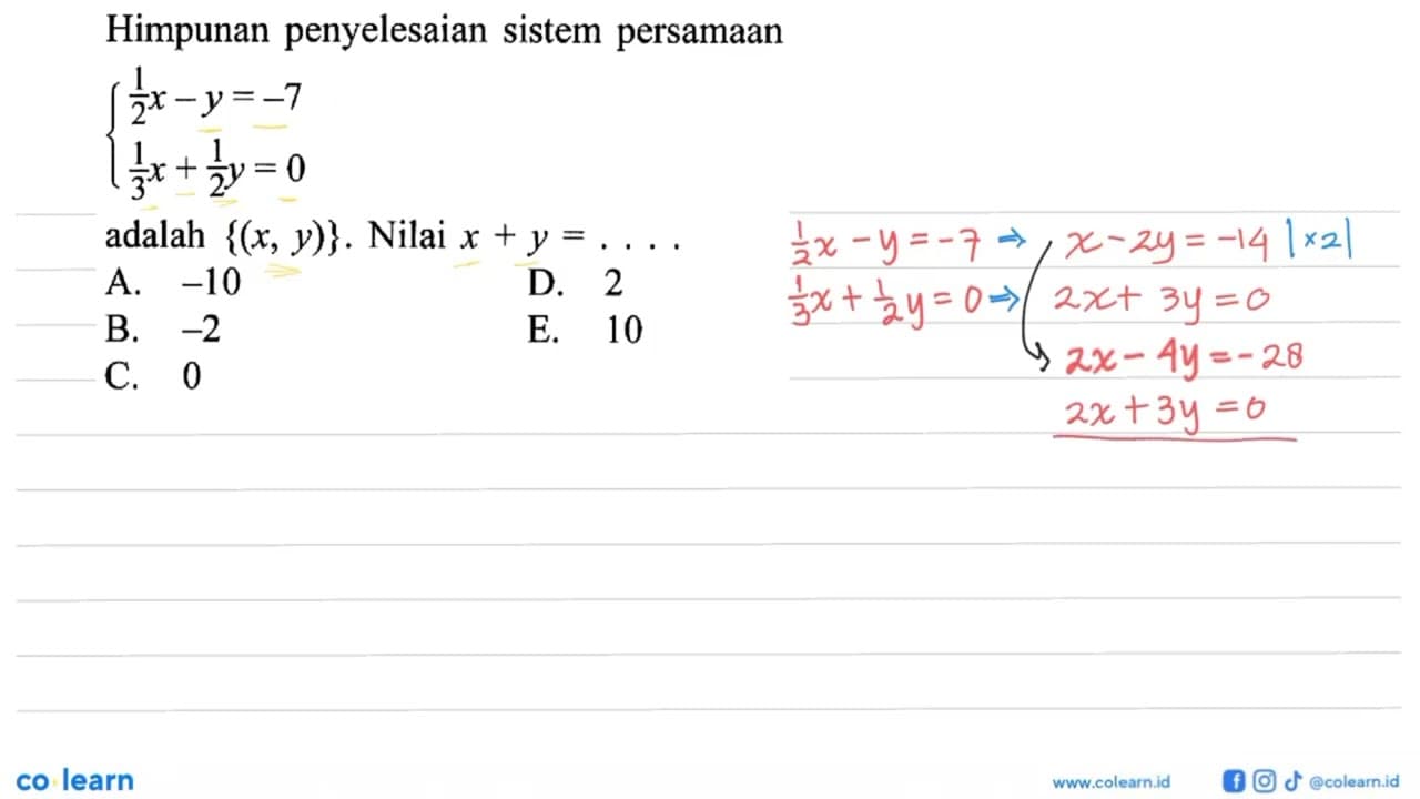 Himpunan penyelesaian sistem persamaan 1/2 x-y=-7 1/3 x+1/2