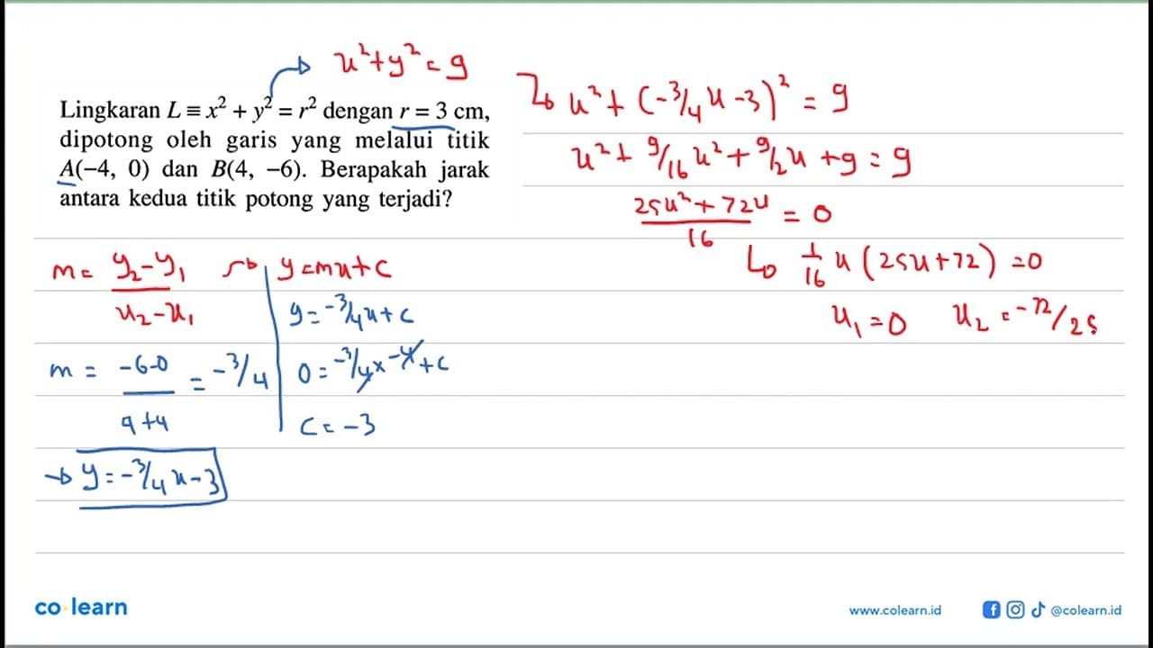 Lingkaran L ekuivalen x^2+y^2=r^2 dengan r=3 cm , dipotong