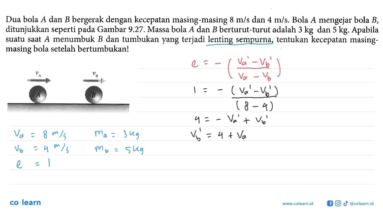 Gambar 9.27 Benda A dan B bergerak berlawanan arah dengan