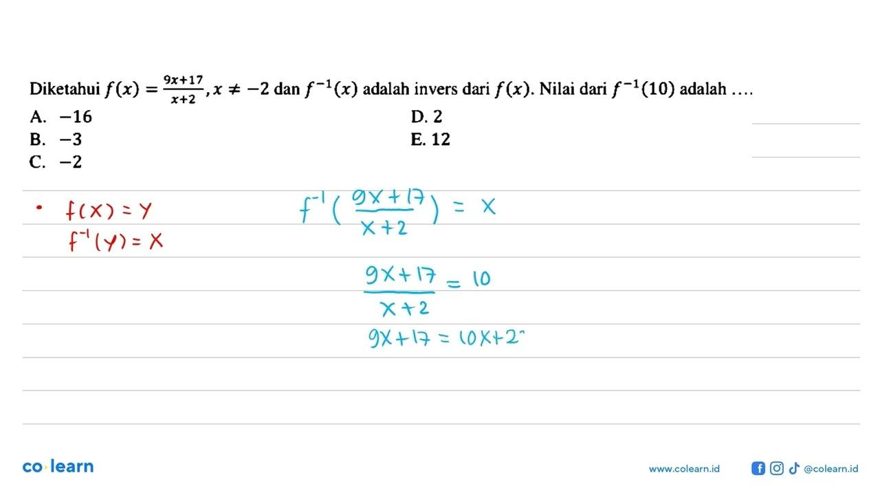 Diketahui f(x)=(9x+17)/(x+2), x=/=-2 dan f^-1(x) adalah