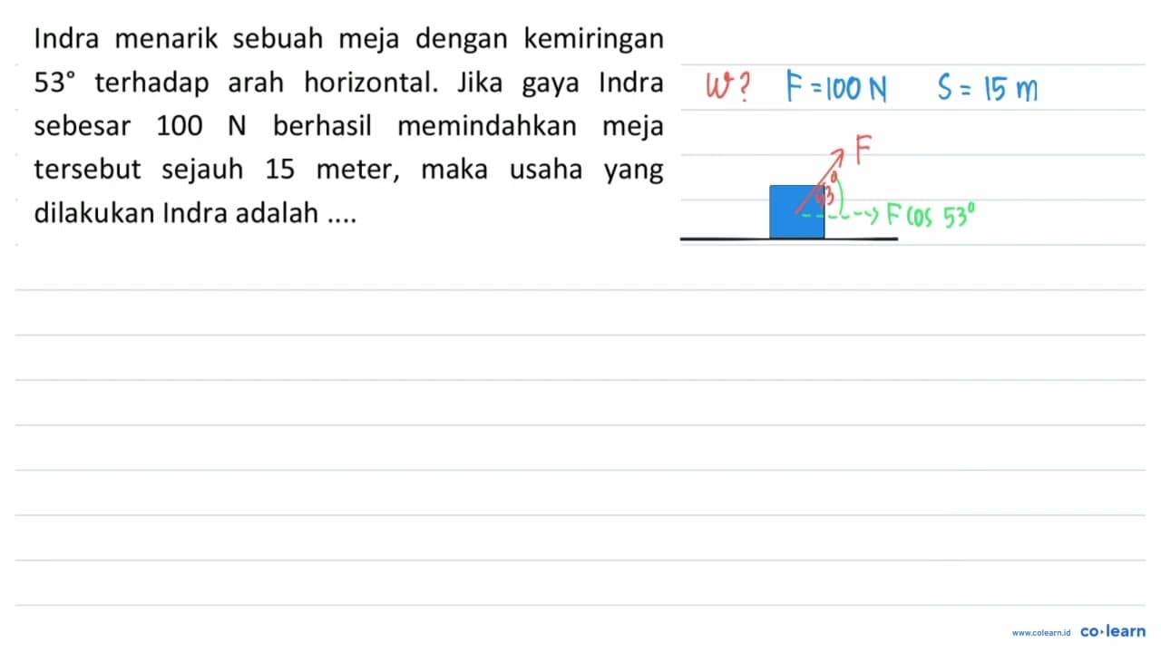 Indra menarik sebuah meja dengan kemiringan 53 terhadap