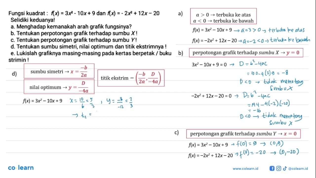 Fungsi kuadrat : f(x) = 3x^2 - 10x + 9 dan f(x) = - 2x^2 +