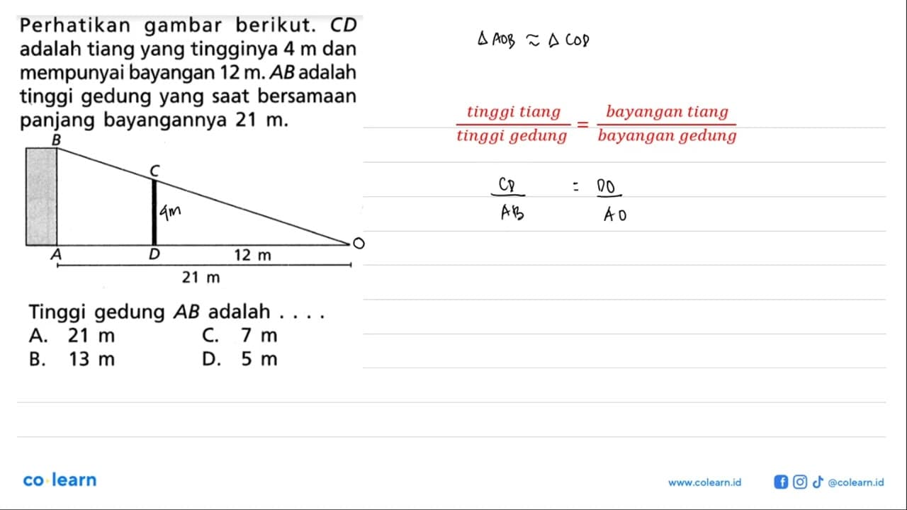 Perhatikan gambar berikut. CD adalah tiang yang tingginya 4