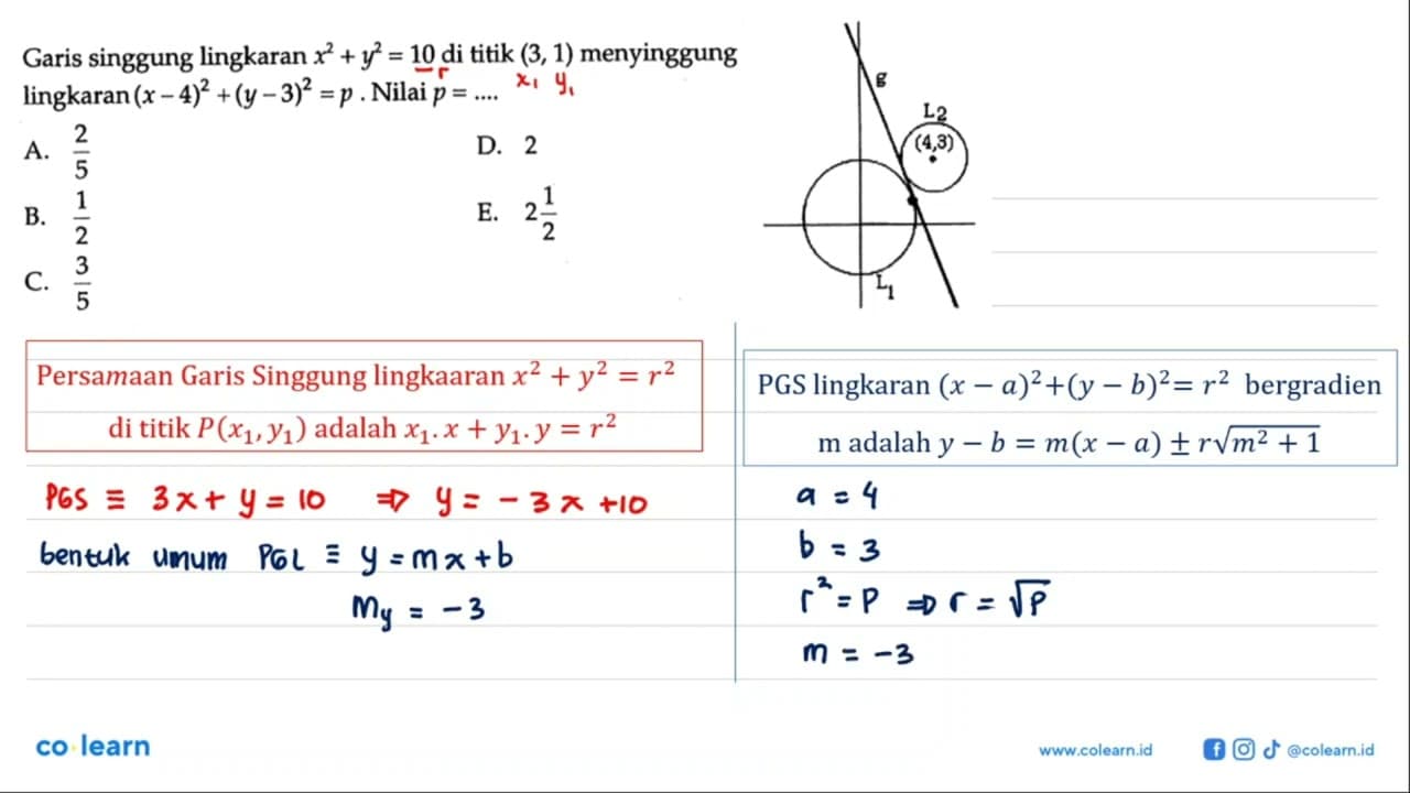 Garis singgung lingkaran x^2+y^2=10 di titik (3,1)