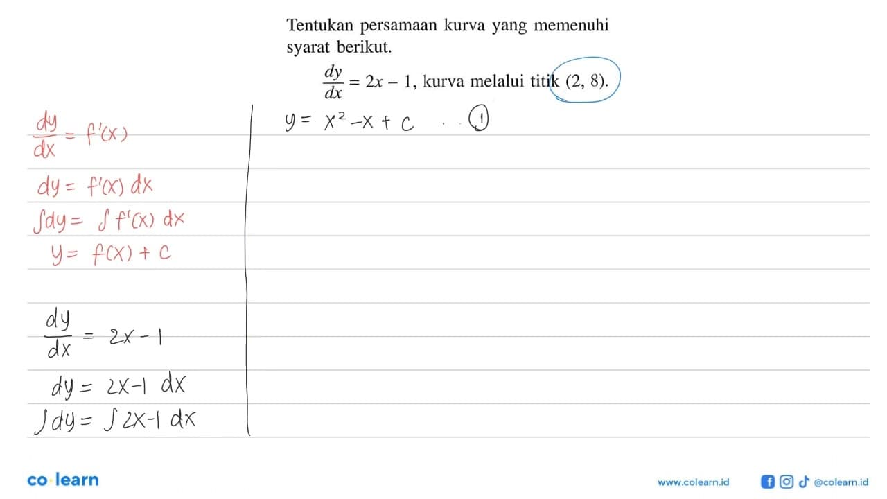 Tentukan persamaan kurva yang memenuhi syarat berikut.dy/dx