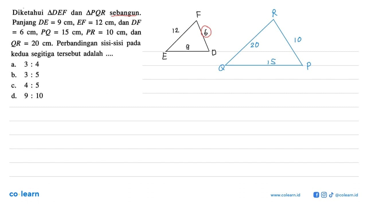 Diketahui segitiga DEF dan segitiga PQR sebangun. Panjang