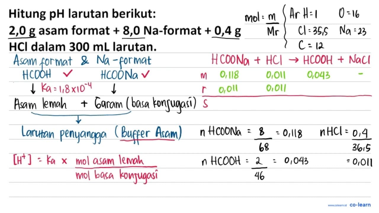 Hitung pH larutan berikut: 2,0 ~g asam format +8,0 Na