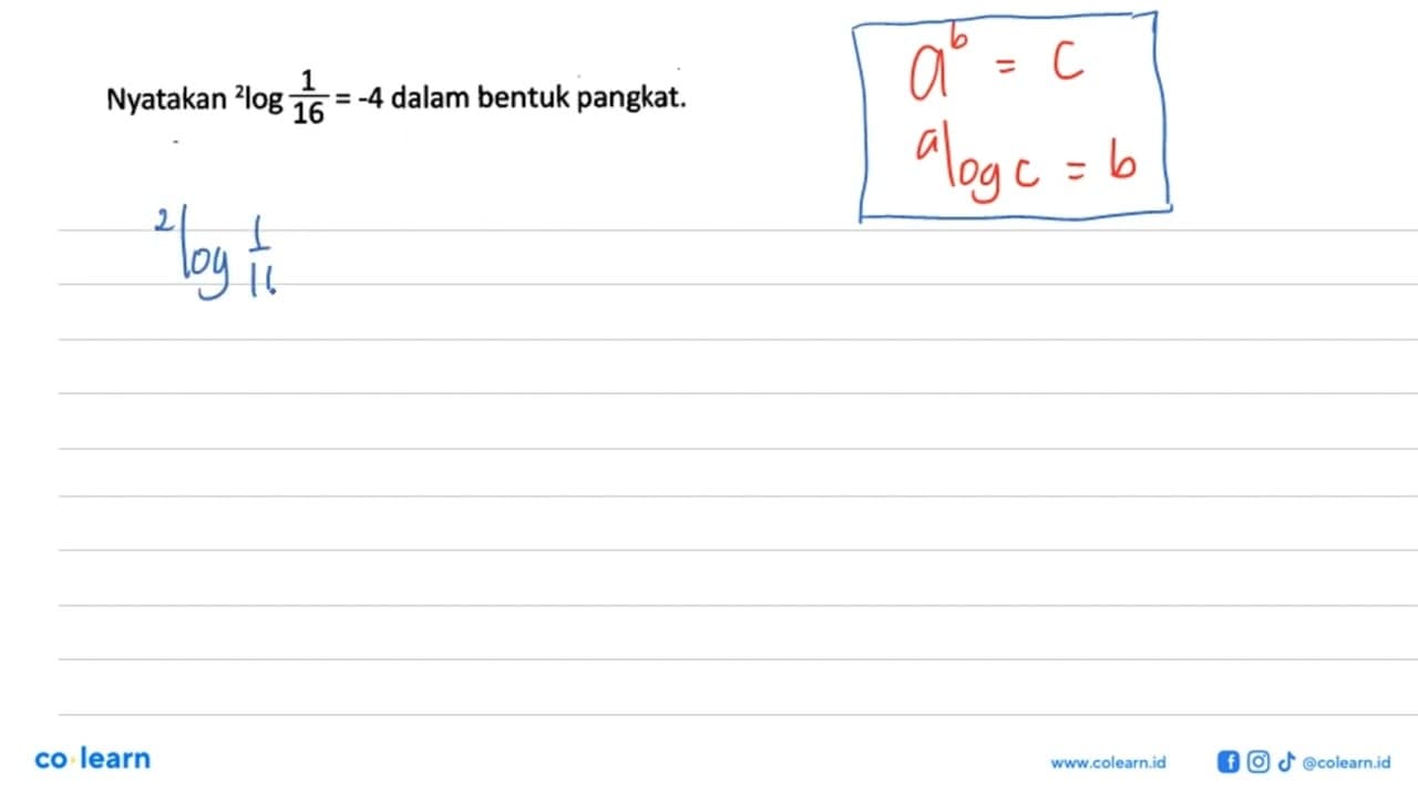 Nyatakan 2log(1/16)=-4 dalam bentuk pangkat.