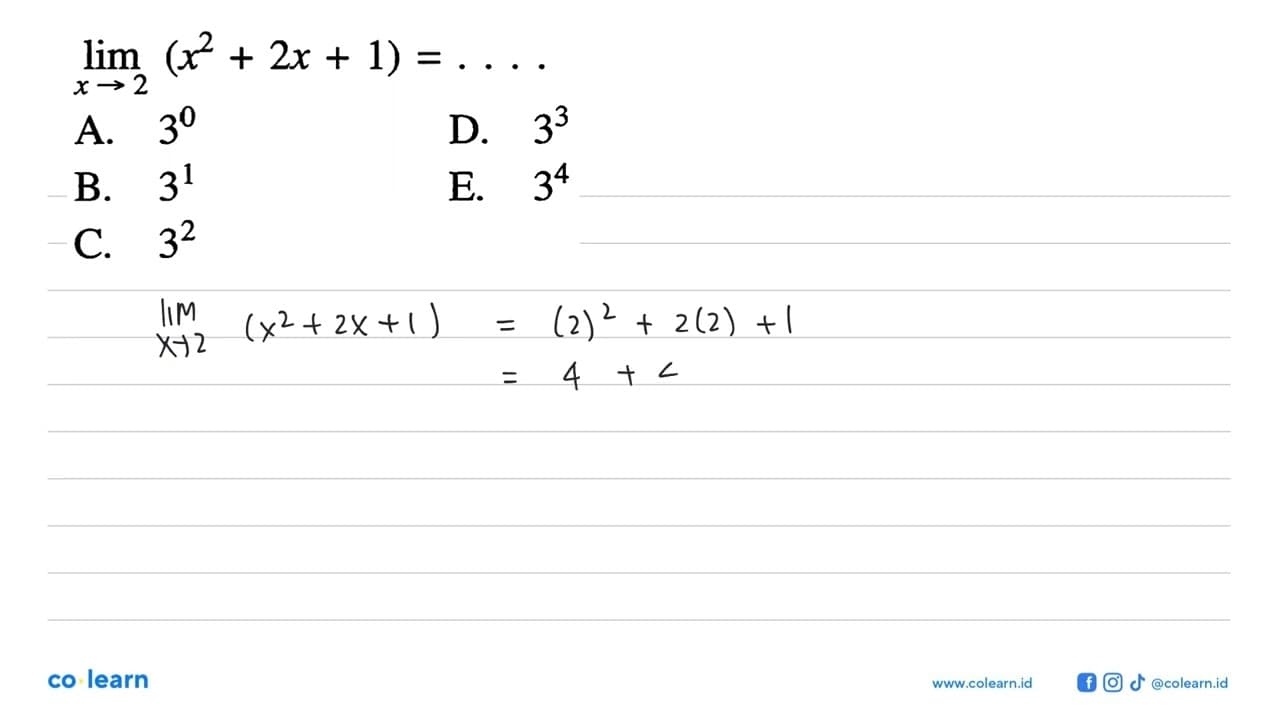 lim x -> 2(x^2+2 x+1)=...