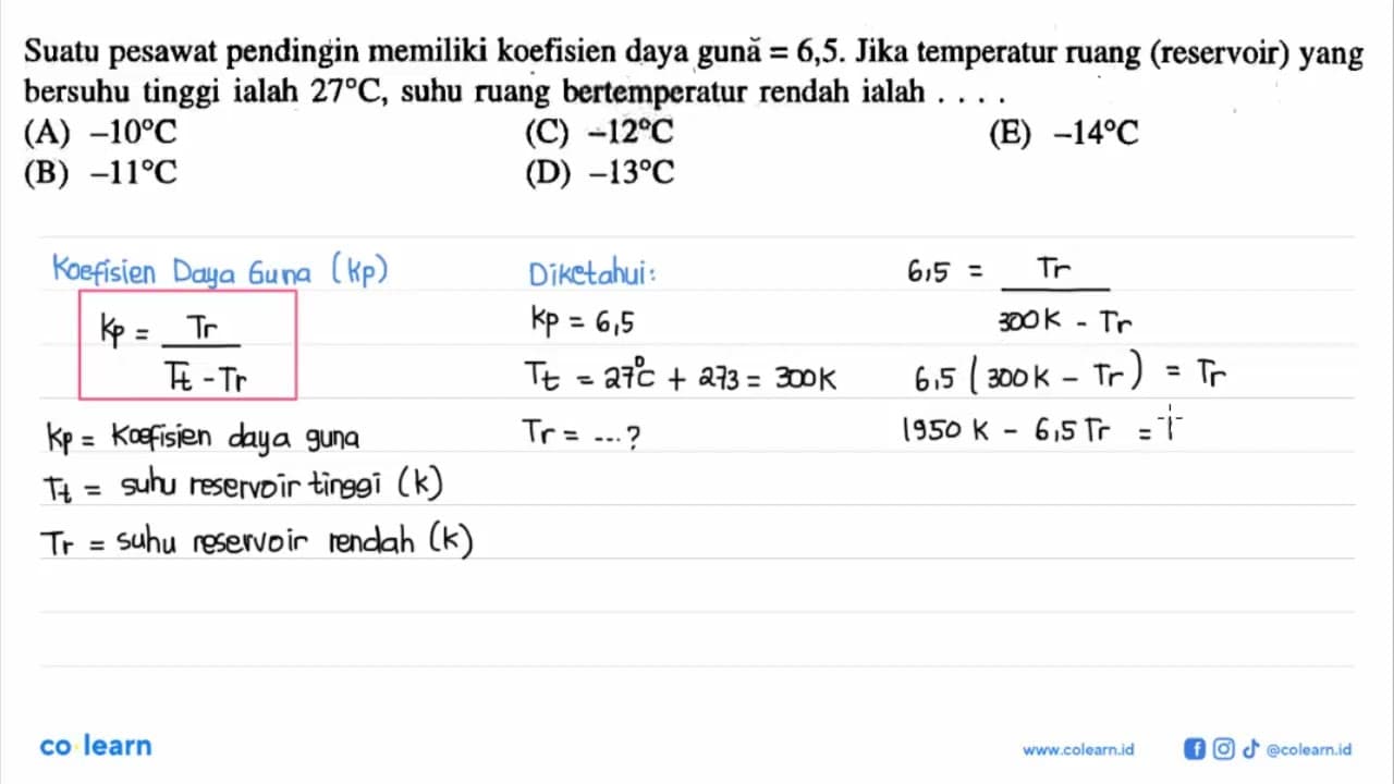 Suatu pesawat pendingin memiliki koefisien daya gună =6,5.