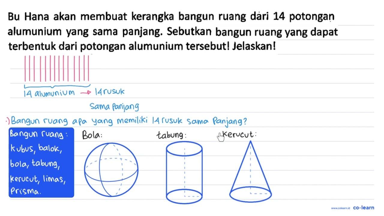 Bu Hana akan membuat kerangka bangun ruang dari 14 potongan