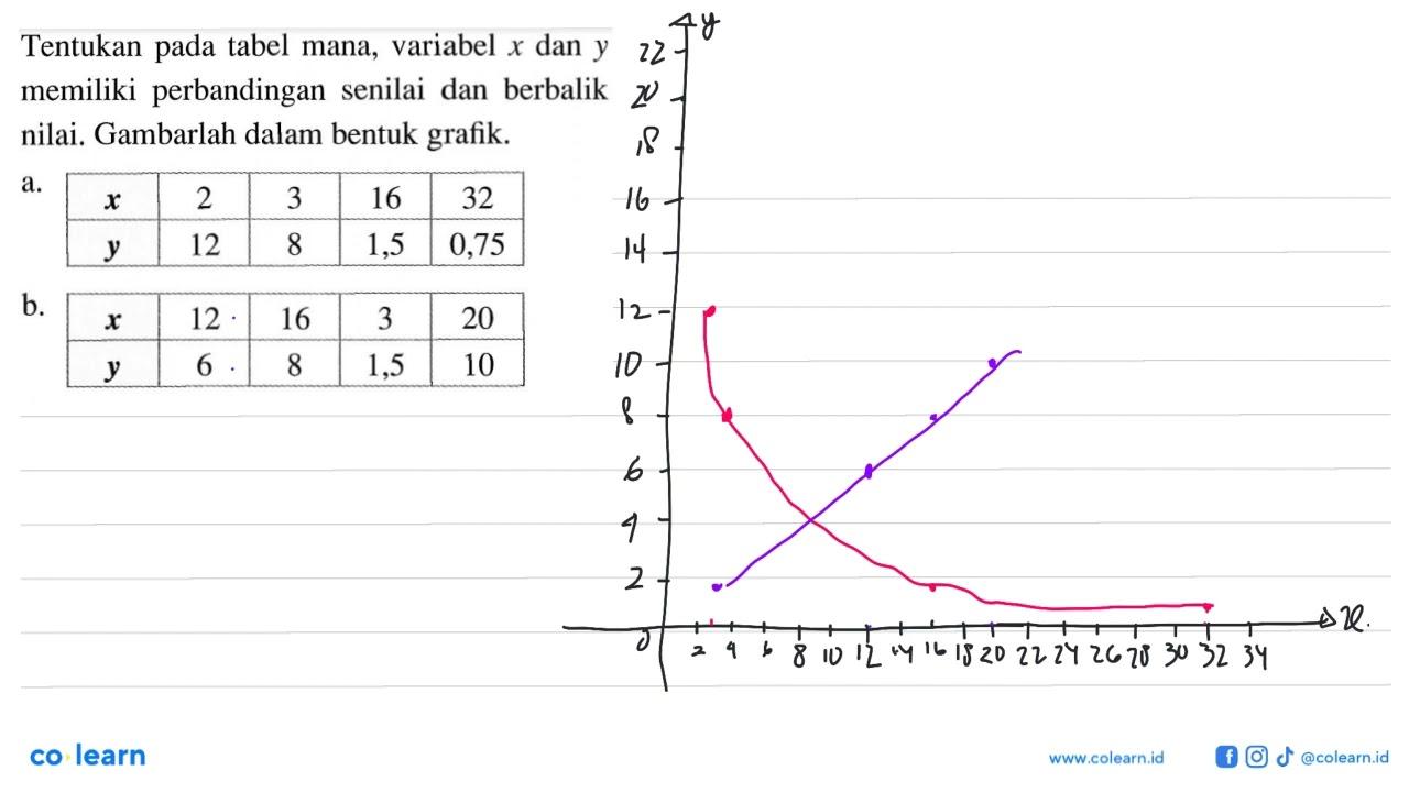 Tentukan pada tabel mana, variabel x dan y memiliki