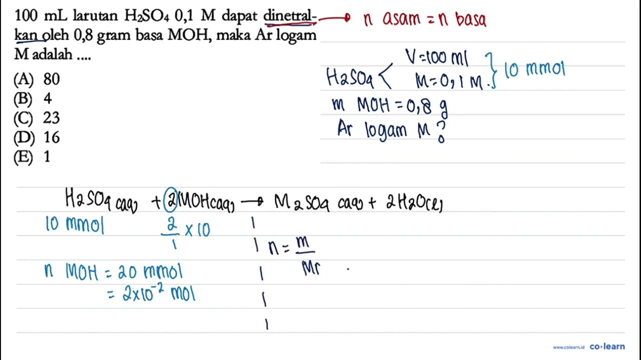 100 mL larutan H2SO4 0,1 M dapat dinetralkan oleh 0,8 gram