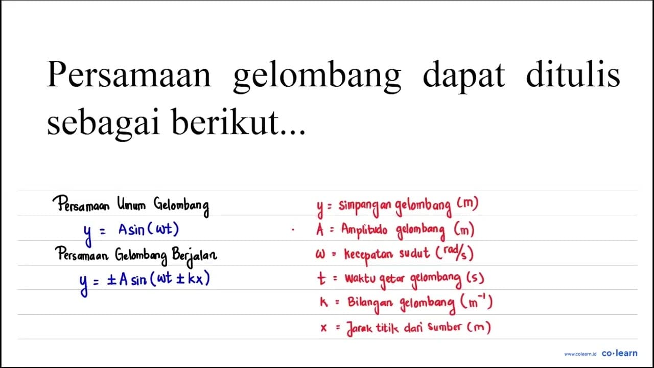 Persamaan gelombang dapat ditulis sebagai berikut...