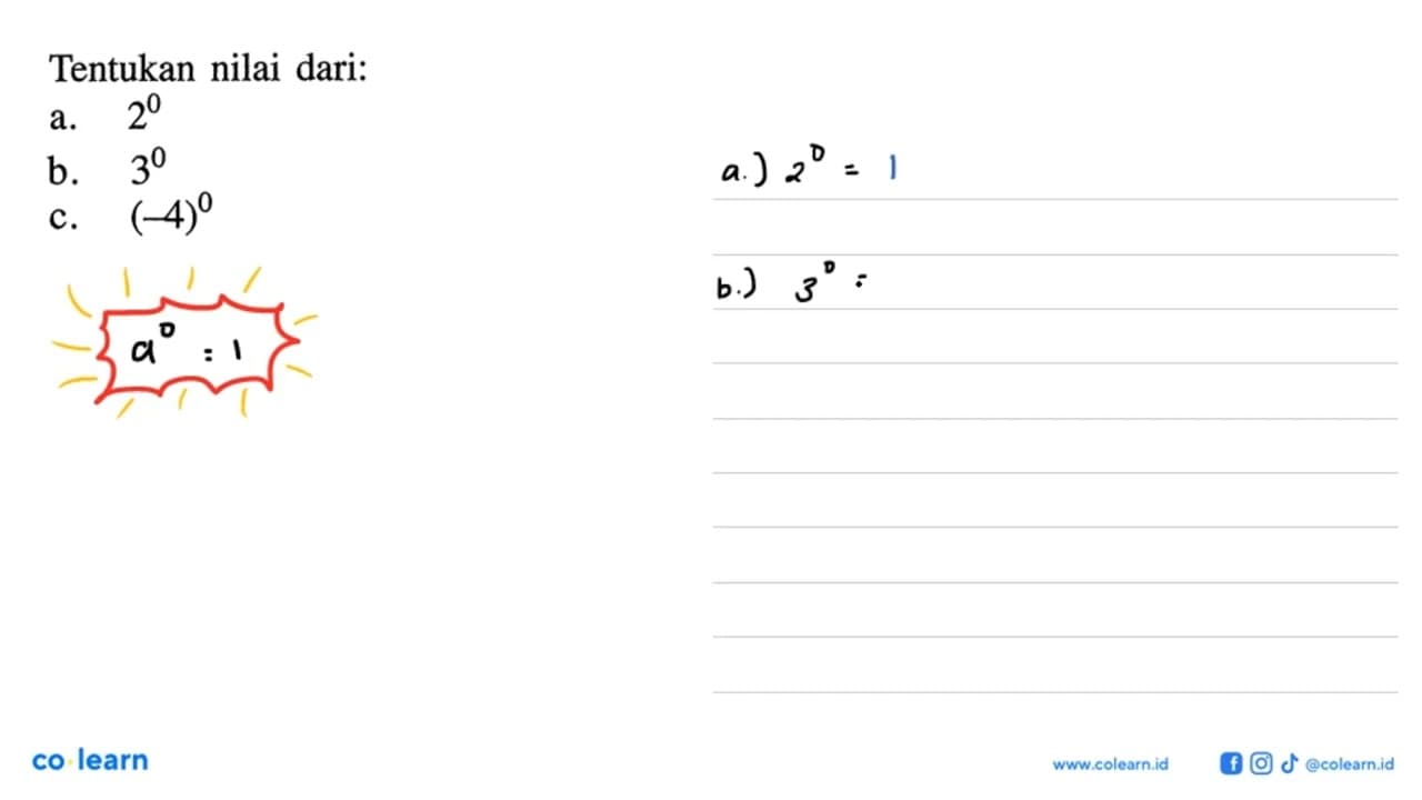 Tentukan nilai dari a. 2^0 b. 3^0 c. (-4)^0