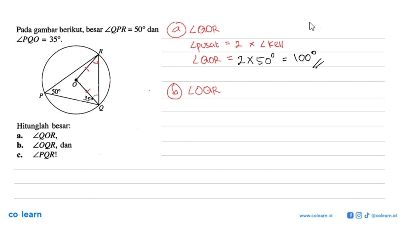 Pada gambar berikut, besar sudut QPR=50 dan sudut PQO=35