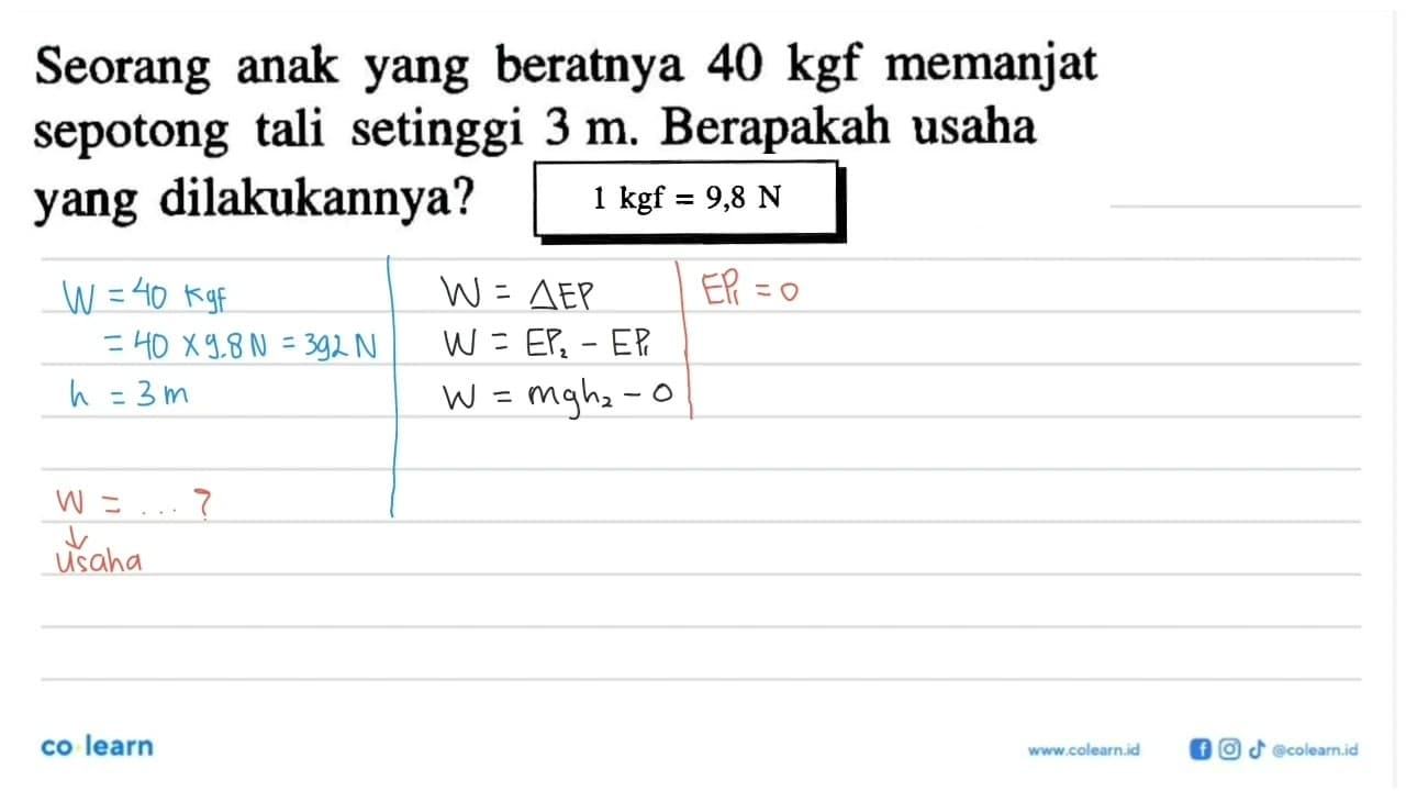 Seorang anak yang beratnya 40 kgf memanjat sepotong tali