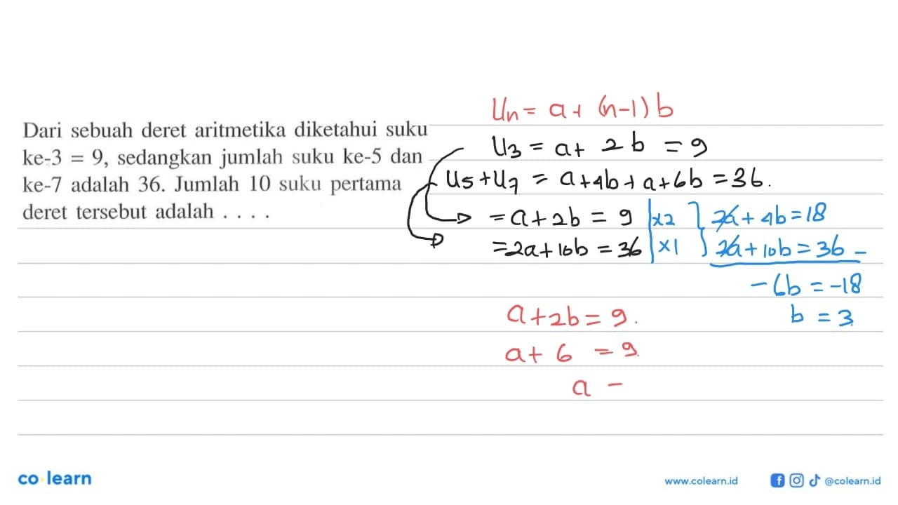 Dari sebuah deret aritmetika diketahui suku ke-3=9,