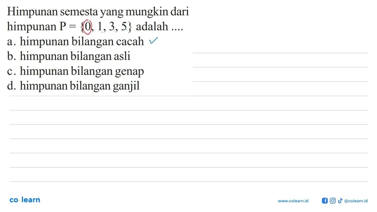 Himpunan semesta yang mungkin dari himpunan P = {0, 1, 3,