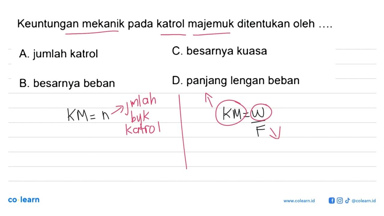 Keuntungan mekanik pada katrol majemuk ditentukan oleh...