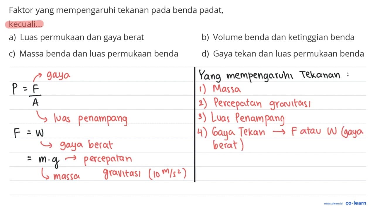 Faktor yang mempengaruhi tekanan pada benda padat,