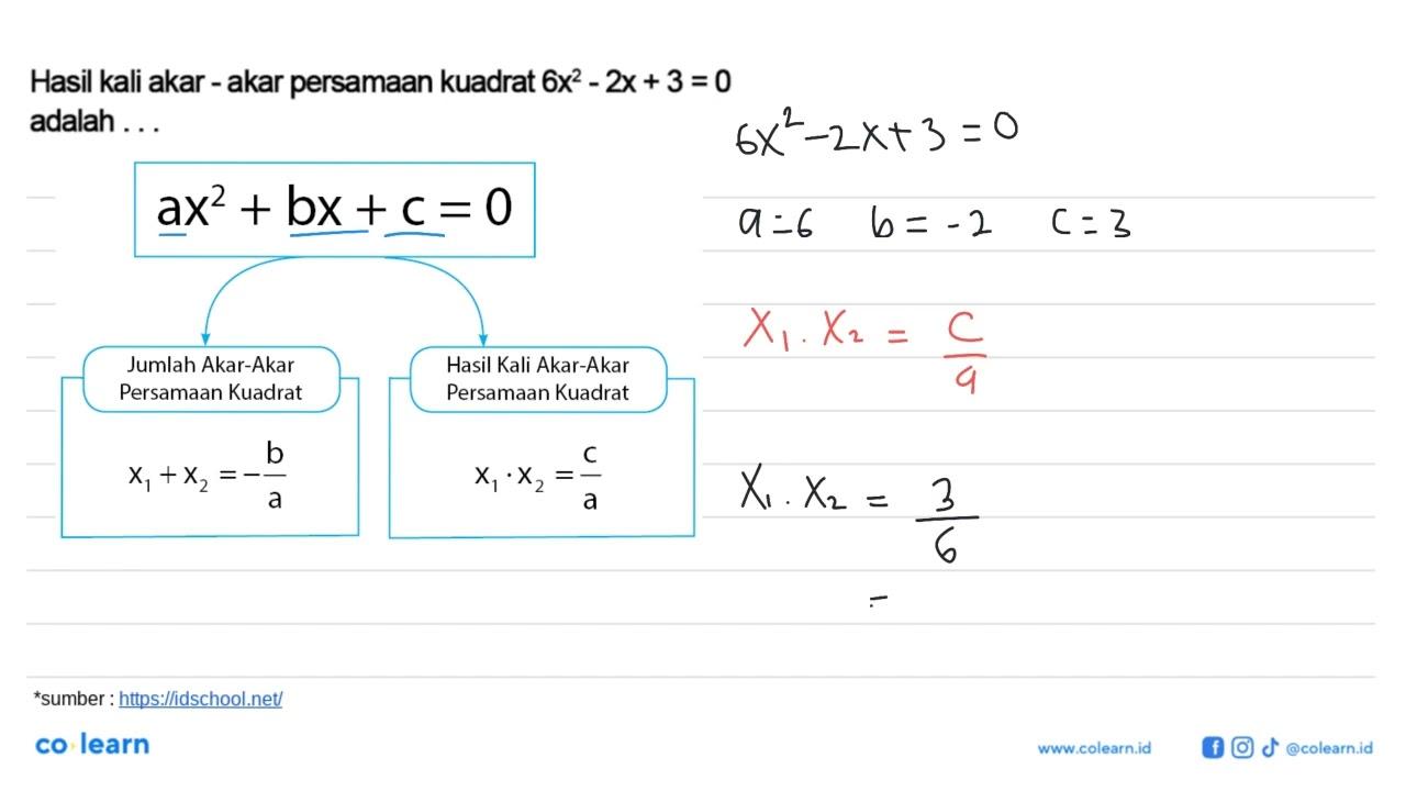 Hasil kali akar-akar persamaan kuadrat 6x^2-2x+3=0 adalah