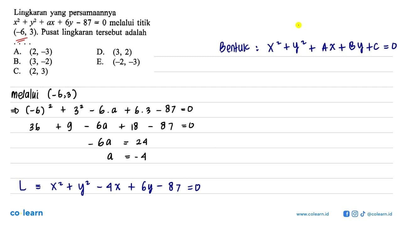 Lingkaran yang persamaannya x^2+y^2+ax+6y 87-0 melalui