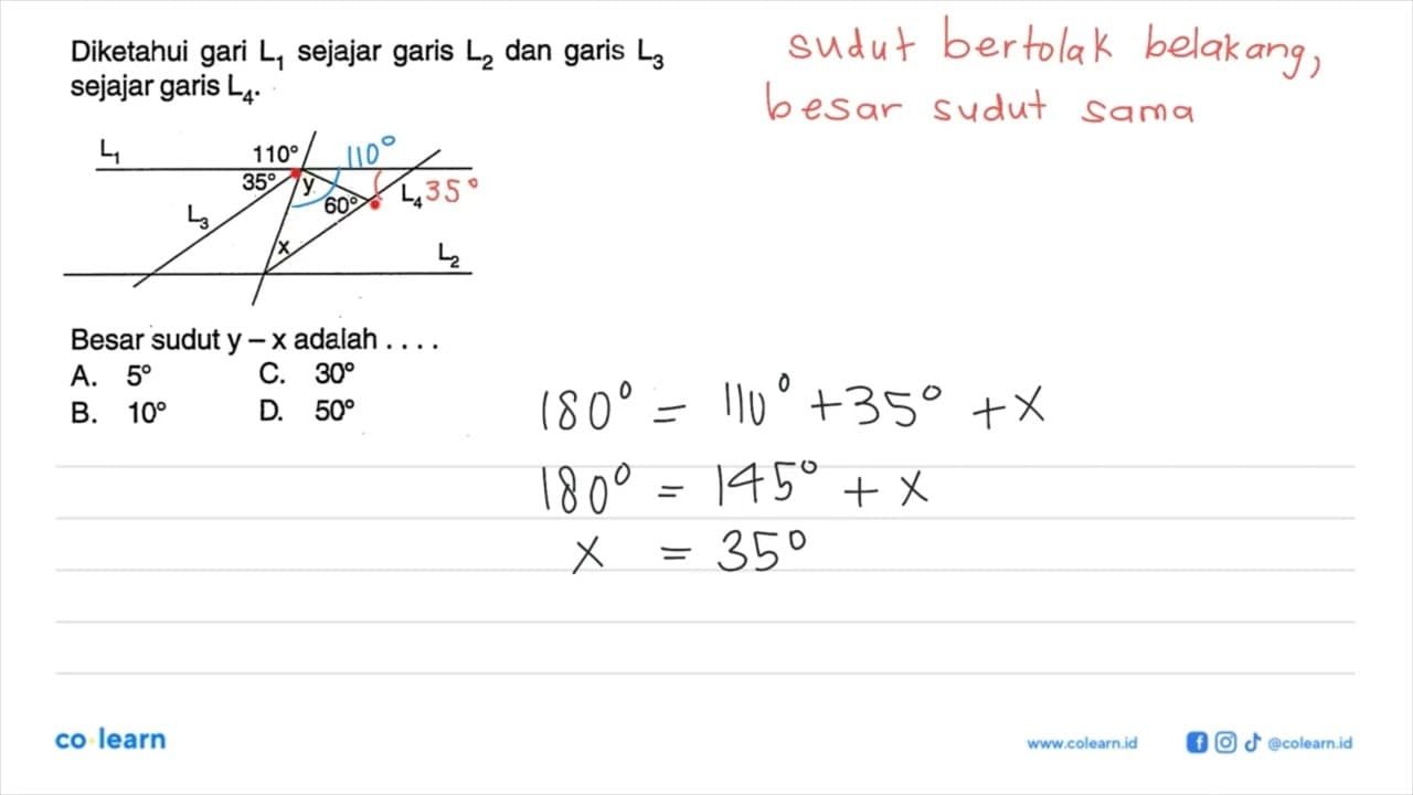 Diketahui gari L1 sejajar garis L2 dan garis L3 sejajar