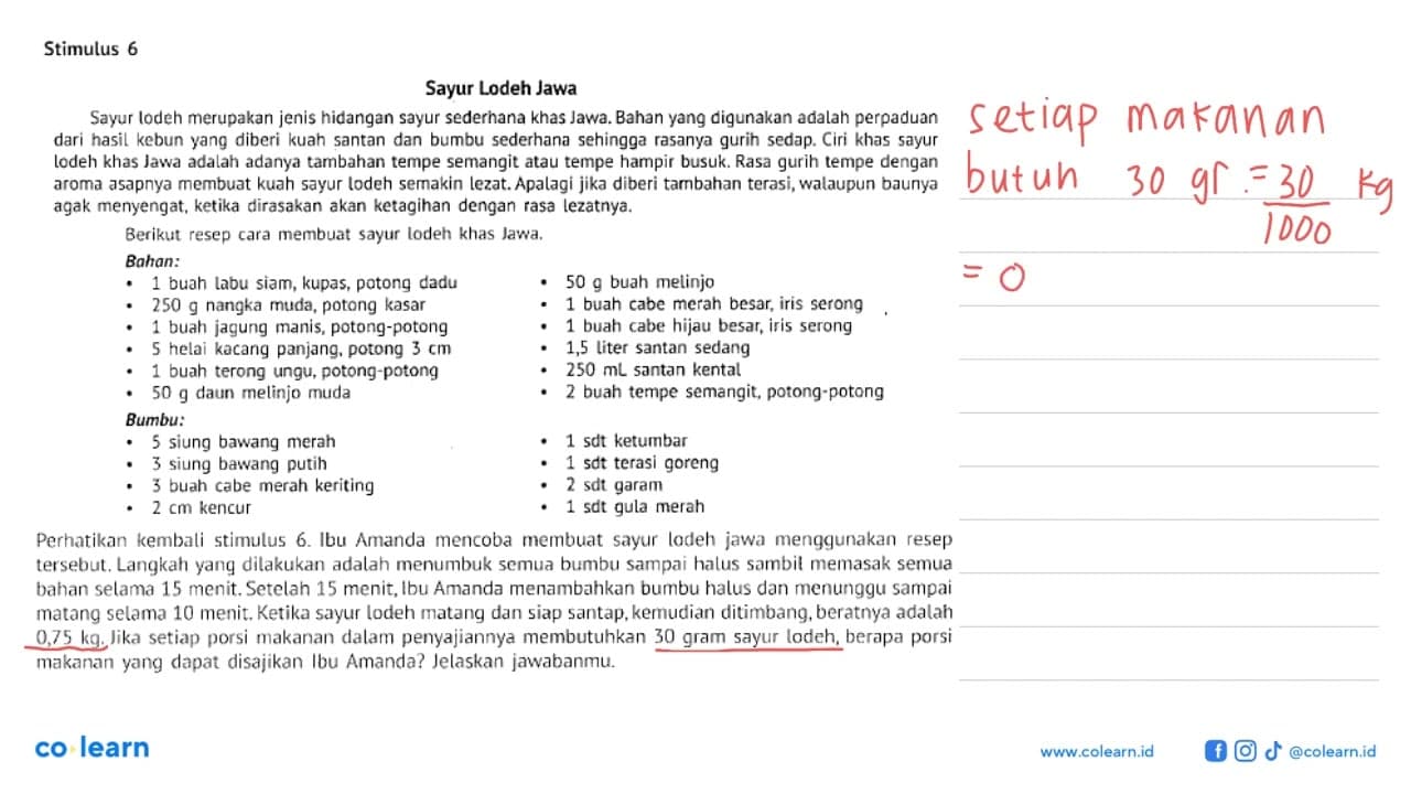 Stimulus 6 Sayur Lodeh Jawa Sayur lodeh merupakan jenis