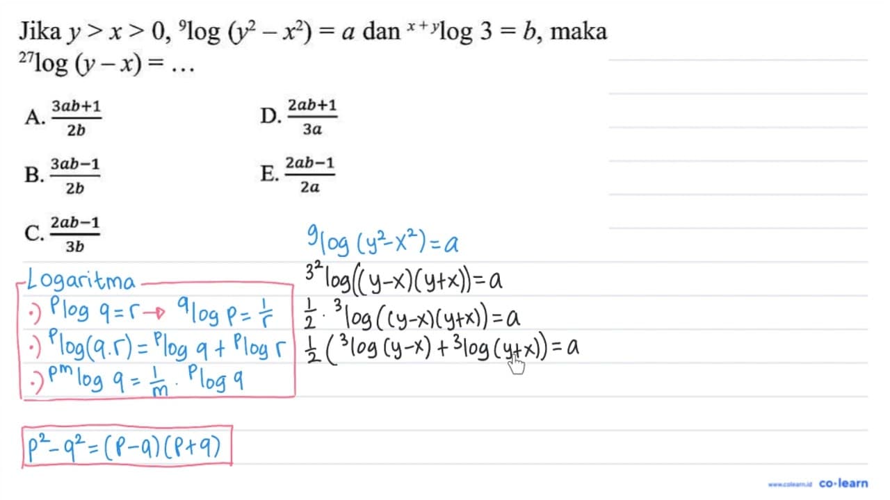 Jika y>x>0,{ )^(9) log (y^(2)-x^(2))=a dan { )^(x+y) log