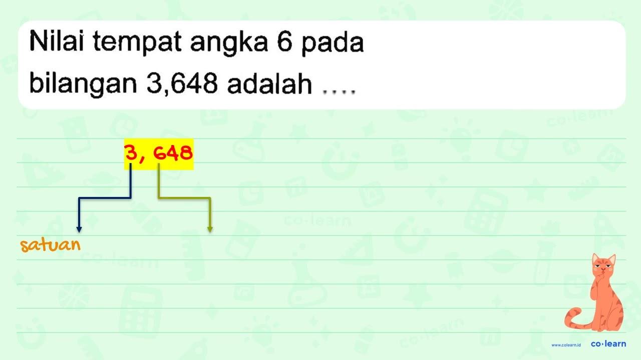 Nilai tempat angka 6 pada bilangan 3,648 adalah....