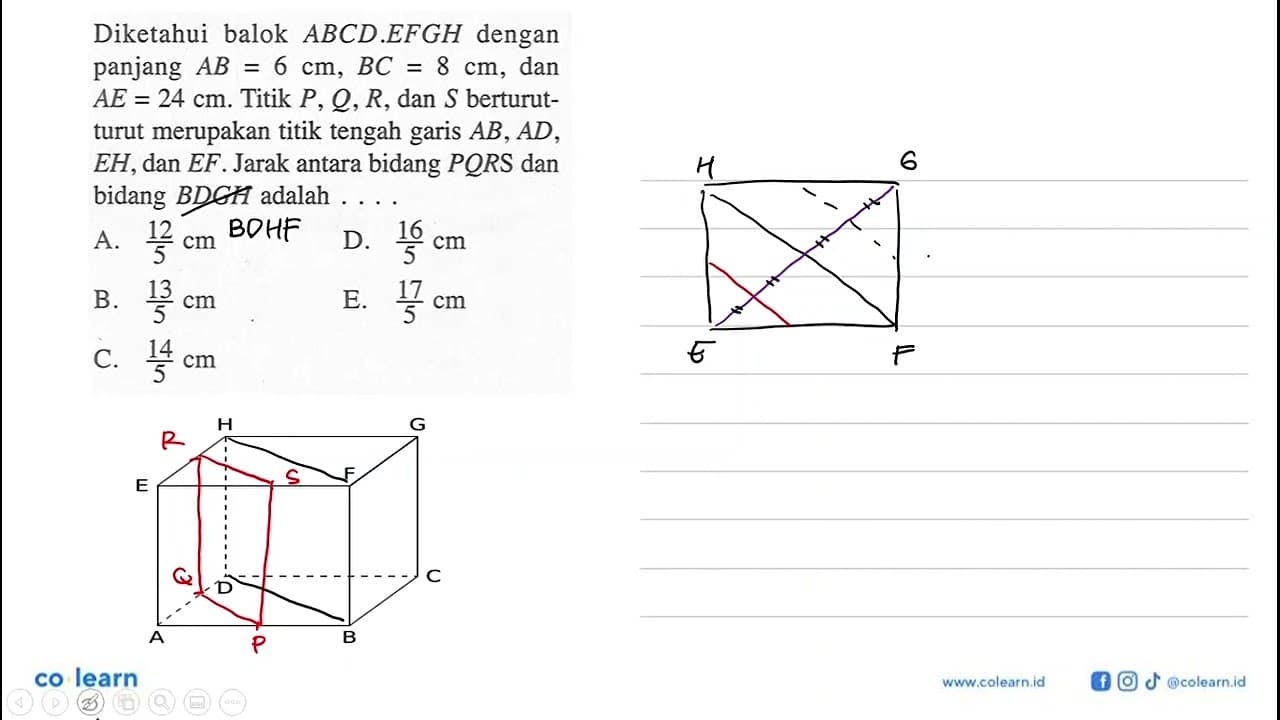 Diketahui balok ABCD.EFGH dengan panjang AB=6 cm, BC=8 cm,