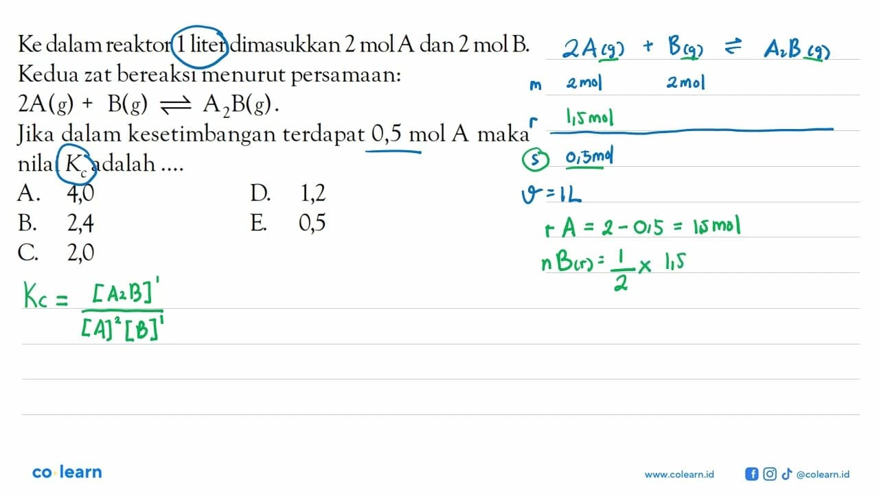 Ke dalam reaktor 1 liter dimasukkan 2 mol A dan 2 mol B.