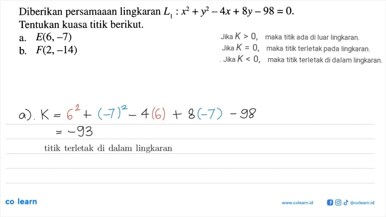 Diberikan persamaaan lingkaran L1: x^2+y^2-4x+8y-98=0.