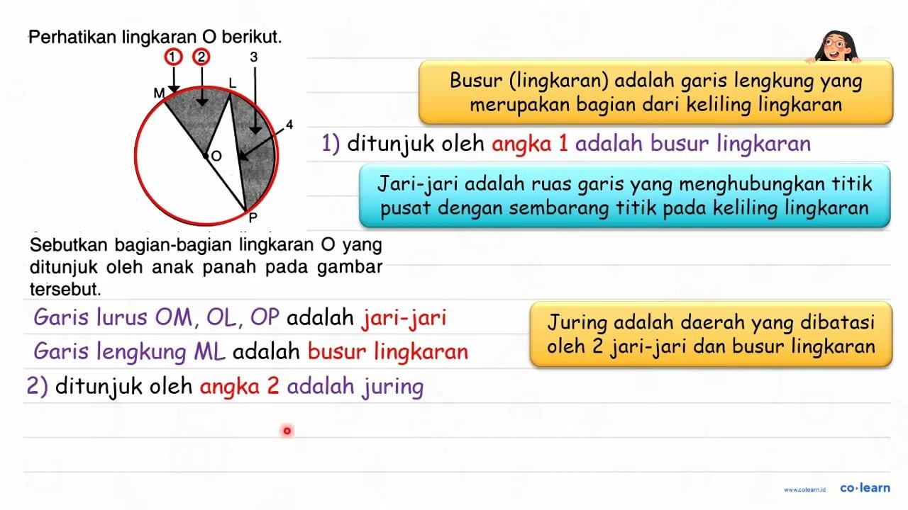 Perhatikan lingkaran O berikut. M 1 2 L 3 O 4 P Sebutkan