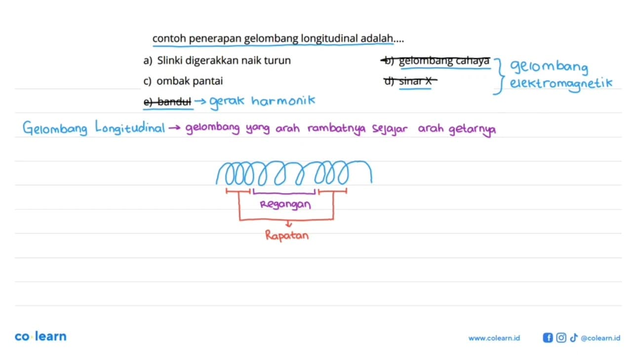 contoh penerapan gelombang longitudinal adalah....a) Slinki