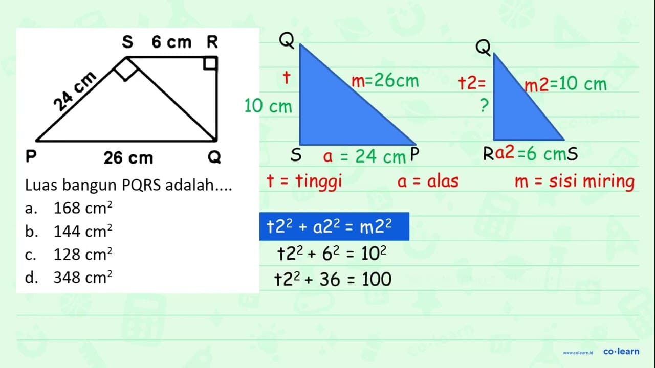 Luas bangun P Q R S adalah.... a. 168 cm^(2) b. 144 cm^(2)