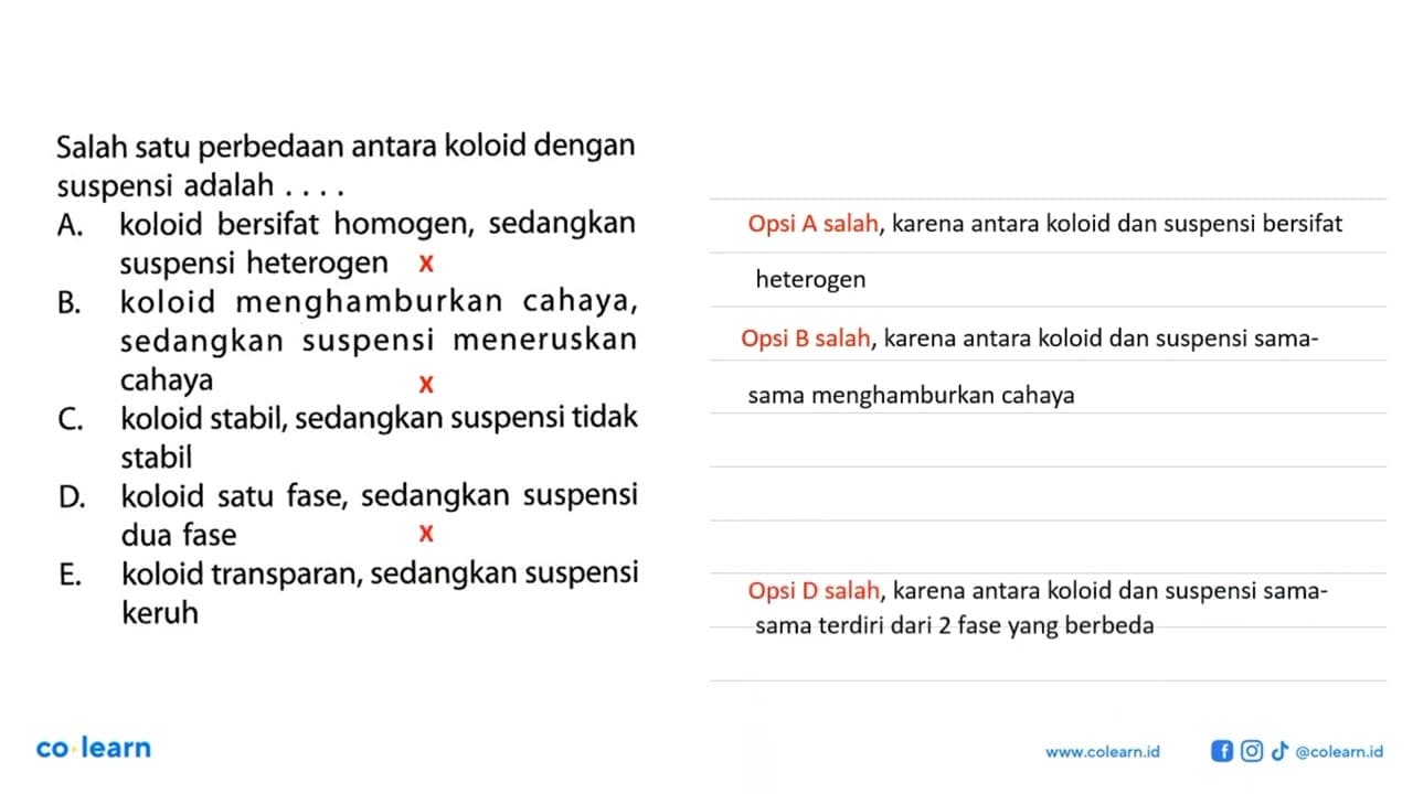 Salah satu perbedaan antara koloid dengan suspensi adalah .