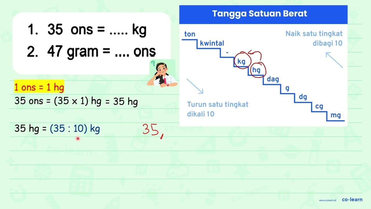 1. 35 ons =... . . kg 2. 47 gram =... ons