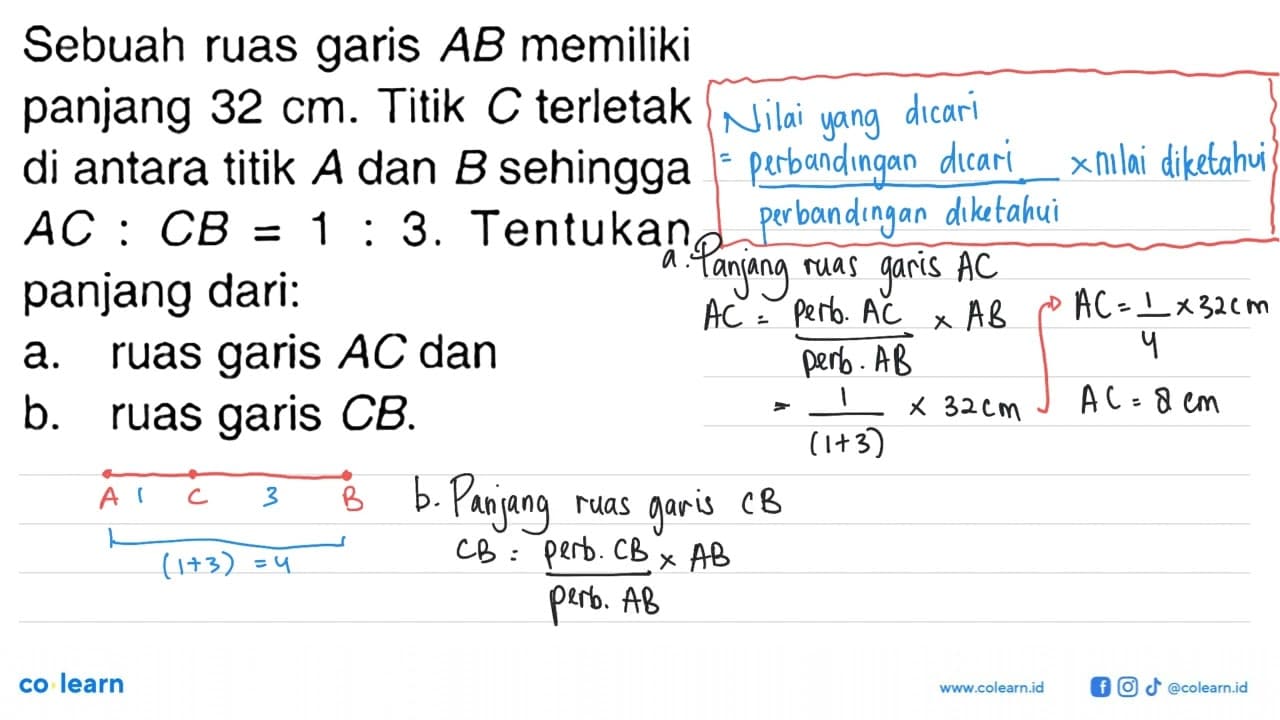 Sebuah ruas garis AB memiliki panjang 32 cm. Titik C