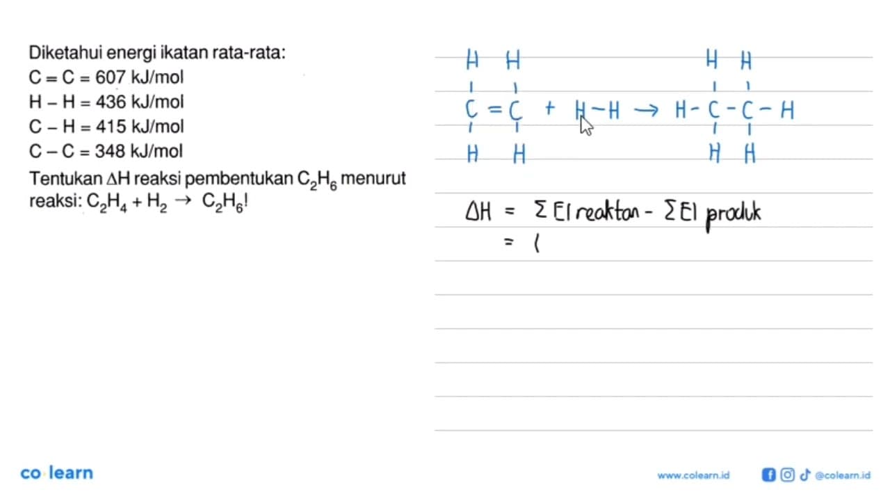 Diketahui energi ikatan rata-rata:C=C=607 kJ/mol H-H=436